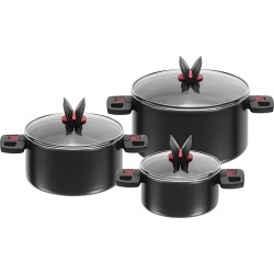 BALLARINI Set 3 casseroles 3 Couvercles en Verre Inclus Rondes Revêtement Anti-Adhésif Ø 16 20 24 cm 1,6 3,25 5,6 L Aluminium Noir série Click & Cook - B0047O29MW8