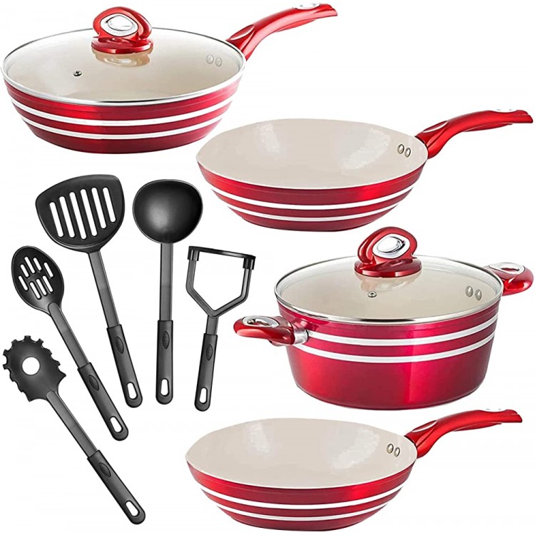 Chefs Star® Set de casseroles et poêles en Aluminium Set de Cuisine 11 pièces Rouge - B077GBKW15A